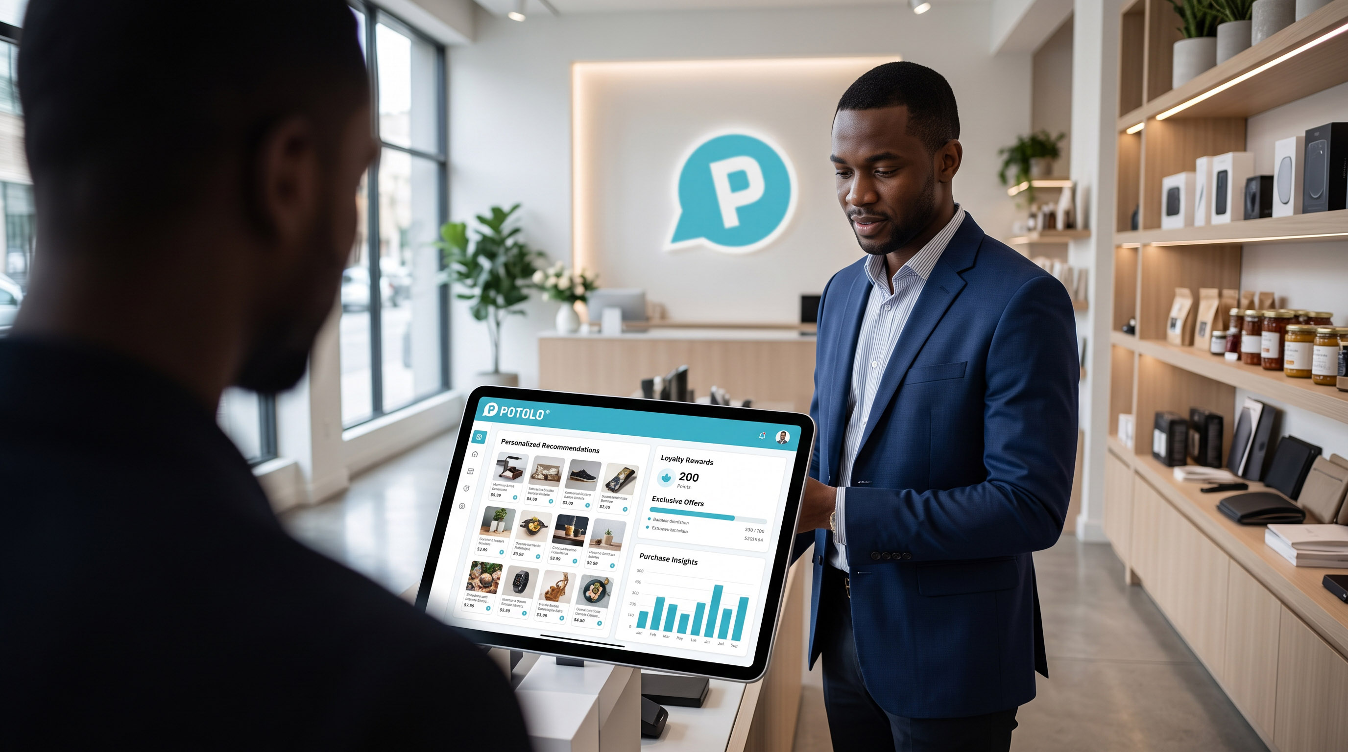 Store owner showing personalised Potolo offers to a customer