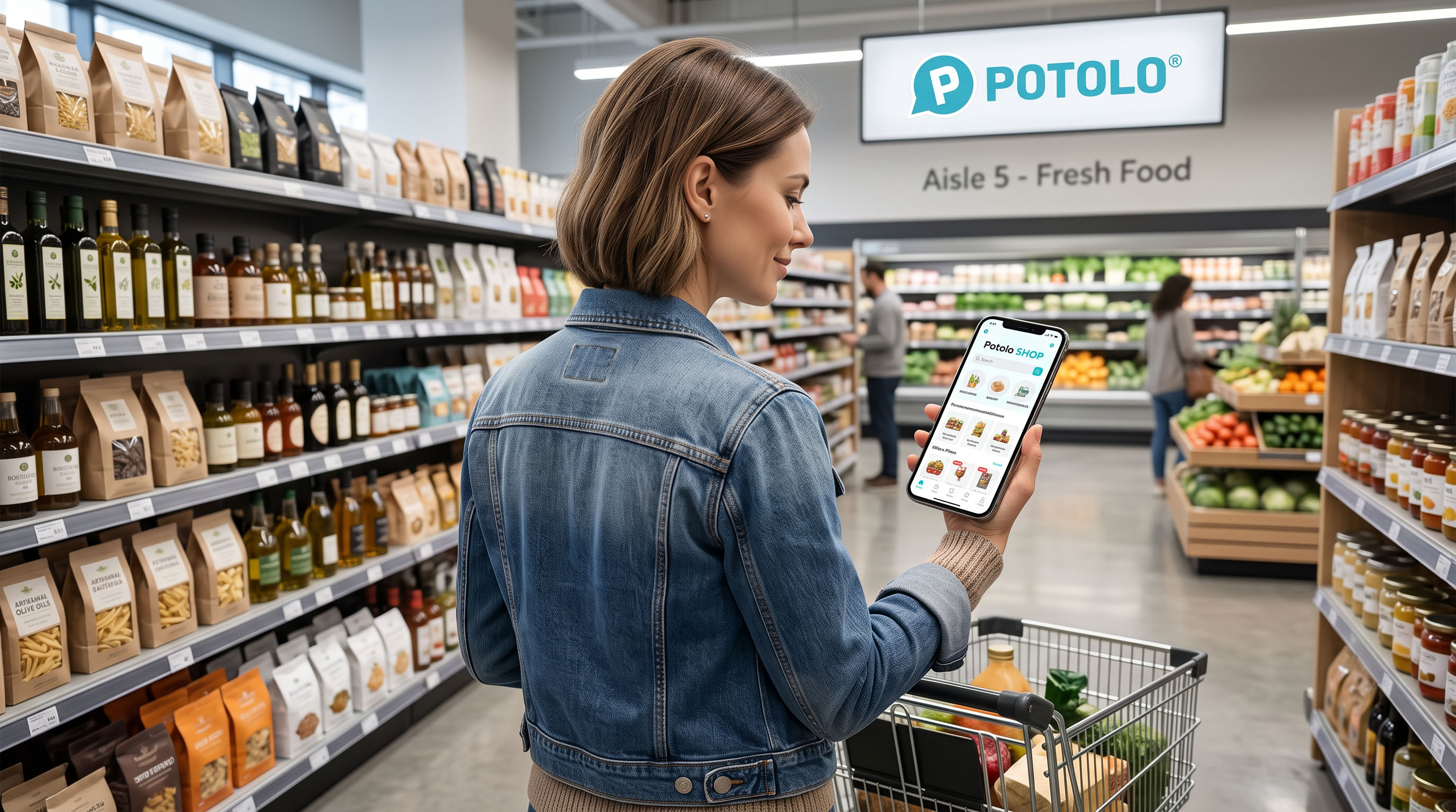 Shopper using the Potolo Grocery app in a fresh food aisle